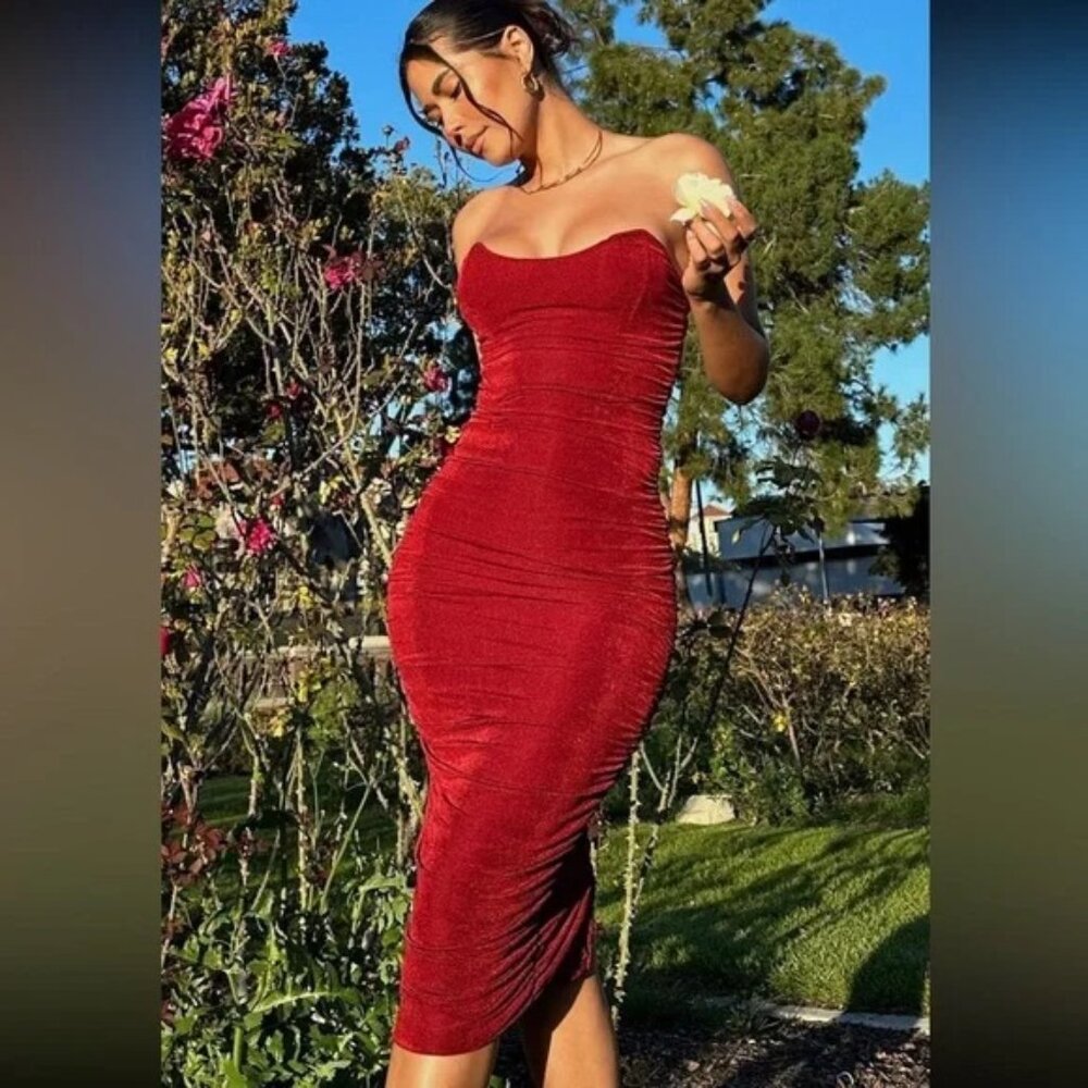 NWT- Fashion Nova All Ruched & Ready Midi Dress - Wine (Small)